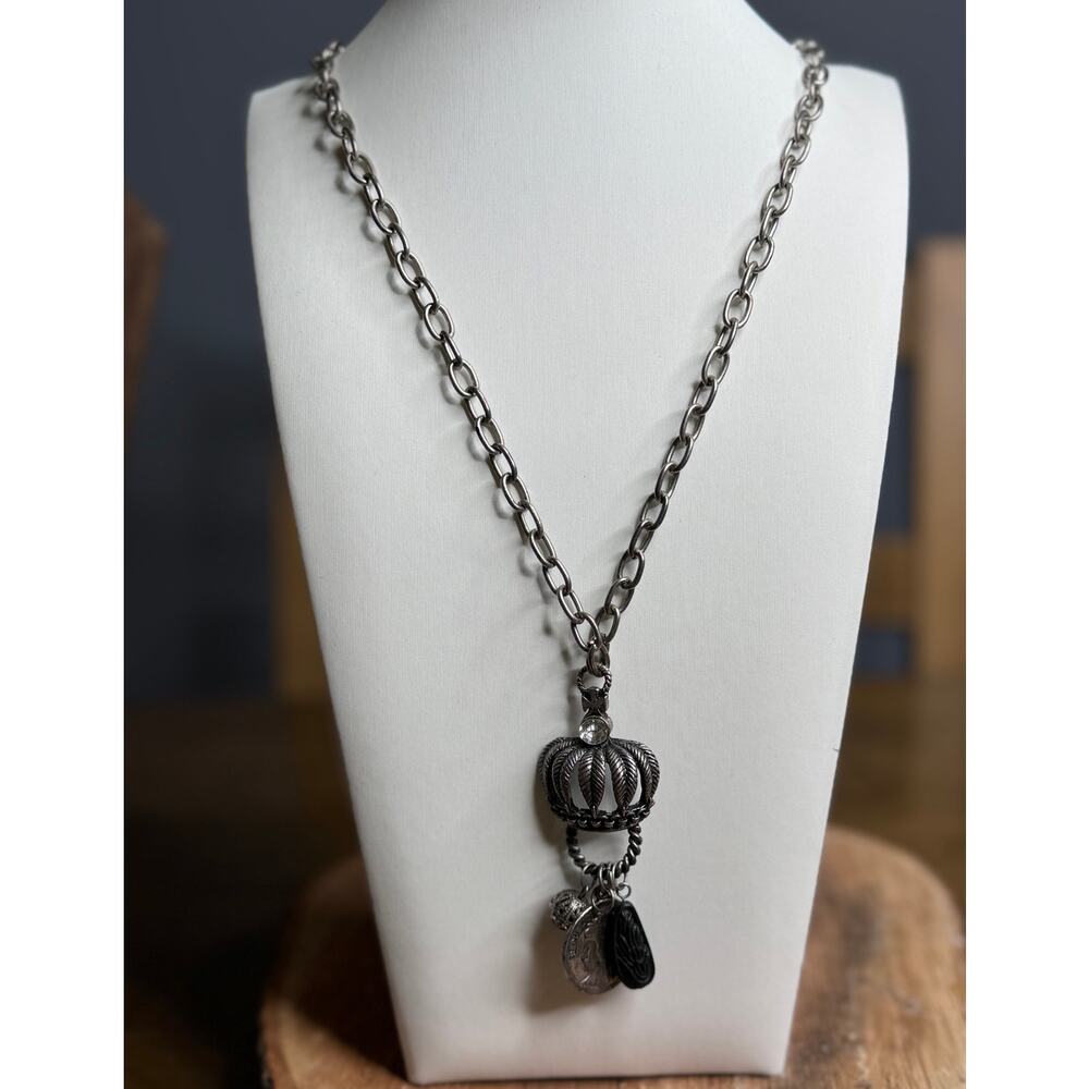 Chain Silver Necklace With Crown & Lucky Coin.